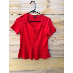Rafaella Studio Womens Red Ribbed V-Neck Peplum Short Sleeve Cotton Top Size M